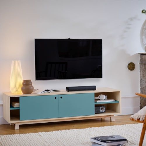 Meuble Tv 2 Portes Coulissantes 160 Cm, En Frêne