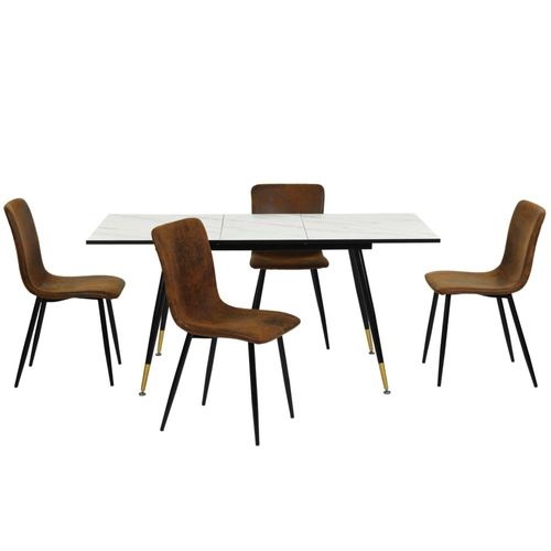 Ensemble Table Effet Marbre + 4 Chaises Vintage En Suédine Brun