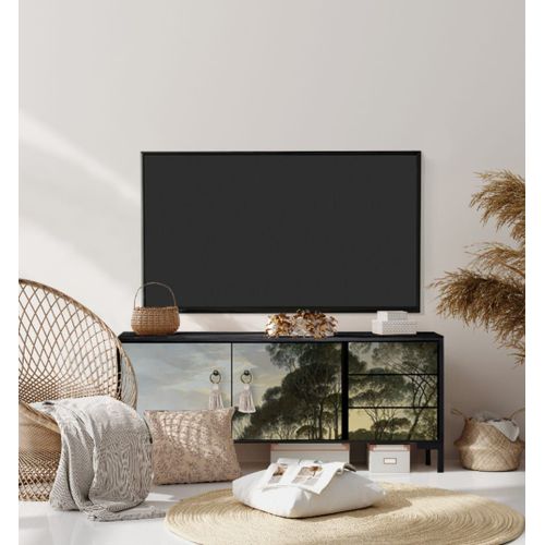 Meuble Tv 2 Portes 3 Tiroirs Laqué Mdf Imprimé Forestier