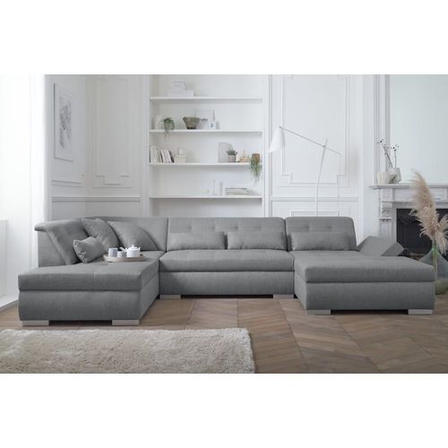 Canapé Panoramique 7 Places Angle Gauche En Tissu Gris Clair