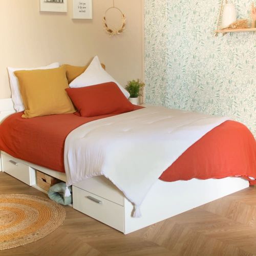 Lit Effet Bois Blanc, 2 Tiroirs, 1 Niche 140x190