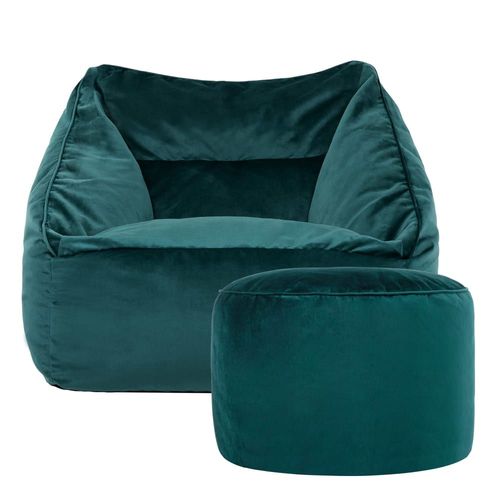 Pouf Fauteuil Avec Repose-Pied Rond Velours Bleu Canard