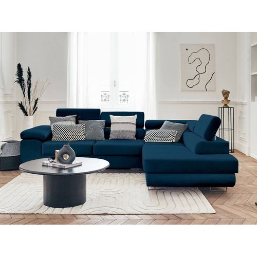 Canapé D'angle Droit Convertible 5 Places En Velours Bleu Nuit