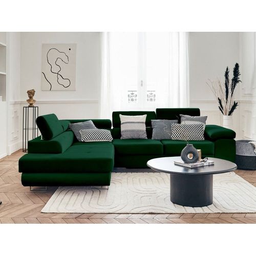 Canapé D'angle Gauche Convertible 5 Places En Velours Vert