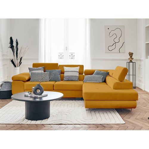 Canapé D'angle Droit Convertible 5 Places En Velours Jaune