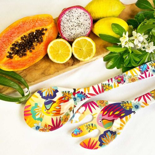 Couverts À Salade En Mélamine Motif Perroquet Sur Dégradé Orange 33 Cm