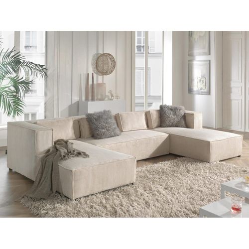 Canapé Panoramique 7 Places En U En Velours Côtelé Beige