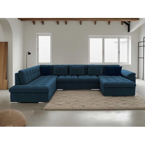 Canapé Panoramique 7 Places Angle Gauche En Tissu Bleu Marine