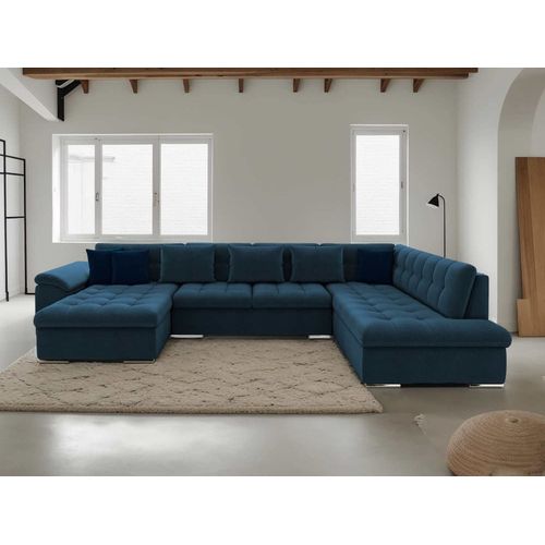 Canapé Panoramique 7 Places Angle Droit En Tissu Bleu Marine