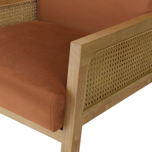 Fauteuil Velours Orange Pieds Bois Et Accoudoirs Rotin