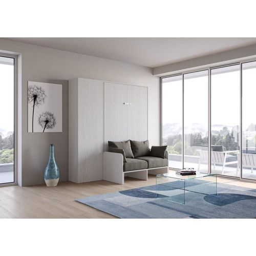 Lit Escamotable Vertical 140 Av.Colonne Effet Bois Frêne Blanc