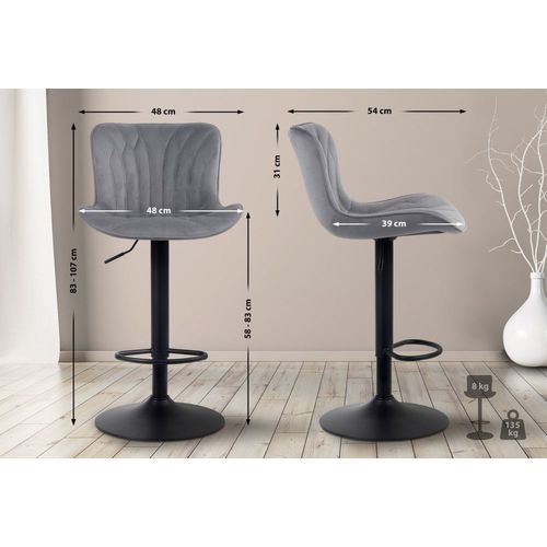 Tabouret De Bar Ajustable Pivotant Velours Gris Foncé