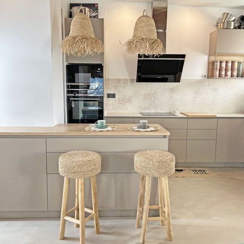 Tabouret De Bar En Raphia Avec Les Pieds En Bois Teck 75cm
