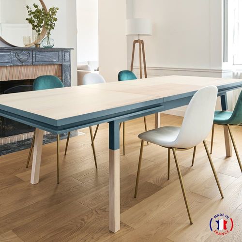 Table 200x100 Cm En Frêne Massif, 2 Rallonges Bleu Frehel