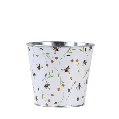 Cache-pot blanc zinc imprimé abeilles 16 cm