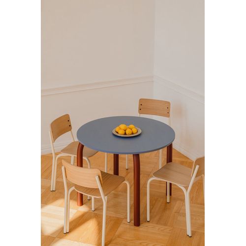 Table À Manger Ronde En Placage De Chêne Et Acier, Bleu Et Marron