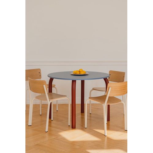 Table À Manger Ronde En Placage De Chêne Et Acier, Bleu Et Beige