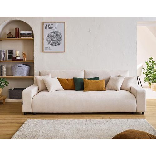 Canapé Droit Convertible 3 Places En Velours Texturé Beige