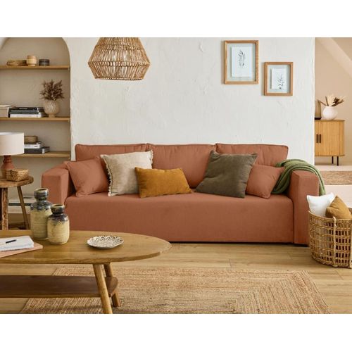 Canapé Droit Convertible 3 Places En Tissu Terracotta