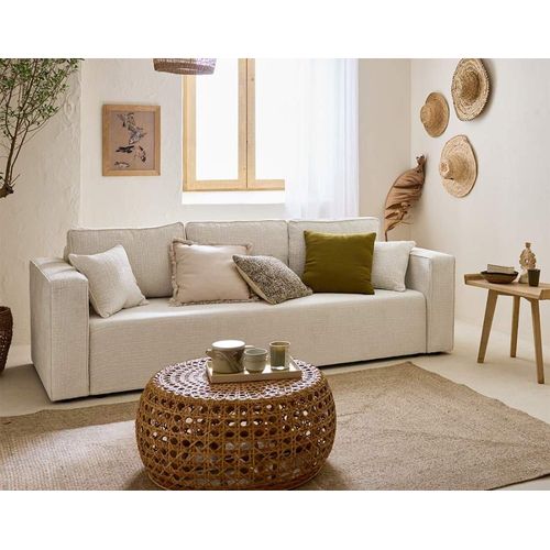 Canapé Droit Convertible 3 Places En Tissu Velours Relief Ecru