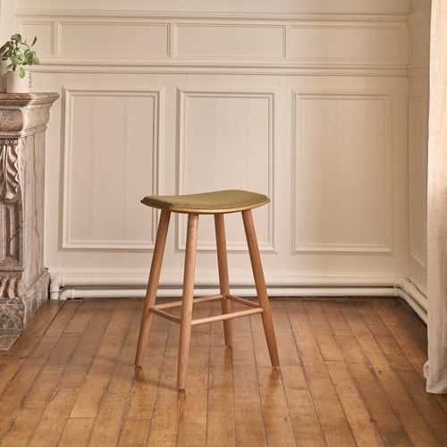 Tabouret En Teck Massif Assise Velours Cotelé 65 Cm