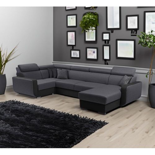 Canapé Panoramique Convertible En Tissu Gris Et Simili Noir