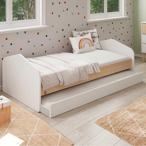 Lit 90x200cm Avec Tiroir En Mdf Et Pin Coloris Blanc Et Naturel