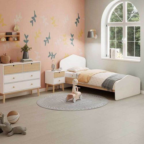 Lit 90x190cm Mdf Et Pin Coloris Blanc Et Naturel