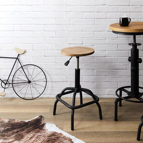 Tabouret Réglable Vintage En Bois D'orme Et Métal