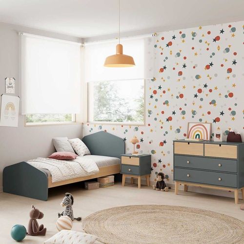 Lit 90x190cm Mdf Et Pin Coloris Gris Vert Et Naturel