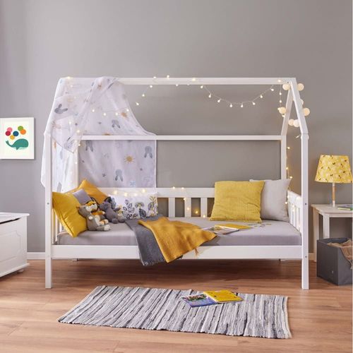 Lit Cabane 90x200cm Avec Barrières En Pin Massif Blanc