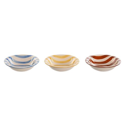 Set De 3 Assiettes Creuses Faïence Rayures Bleues, Jaunes, Rouges 21.5