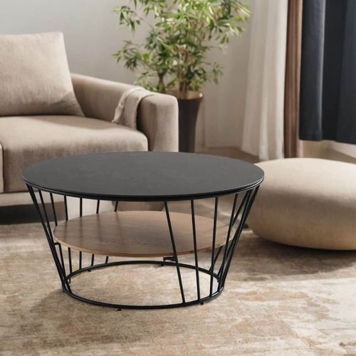 Table Basse Métal Plateaux Céramique Noire Et Plaqué Chêne