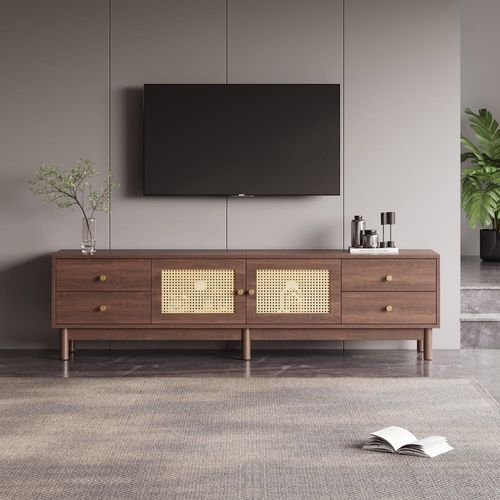 Meuble Tv Style Vintage Effet Bois Noyer Avec 2 Portes En Rotin