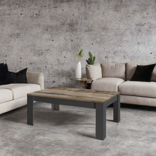 Table Basse Rectangulaire Noir Mat Plateau Aspect Bois Antik