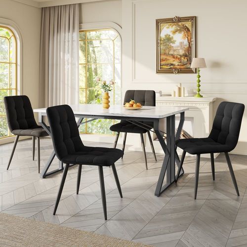 Table À Mange Moderne Robuste Effet Marbre Blanche Pieds Noirs