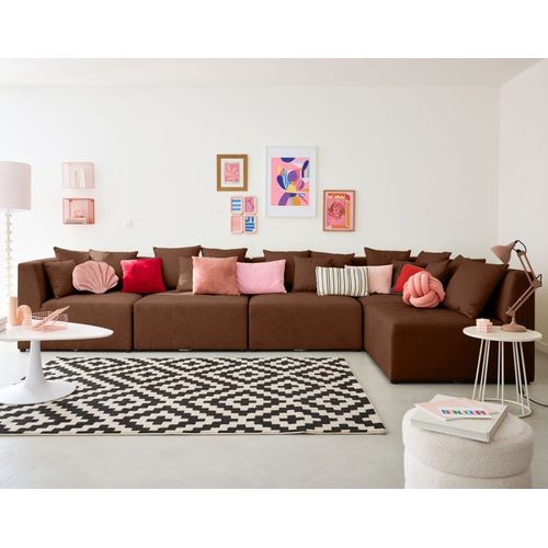Canapé Modulable 5 Places Angle Réversible En Tissu Terracotta