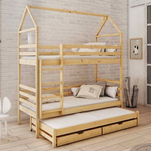 Lit Cabane Superposé 90x200 Sommiers Lit Gigogne Et Tiroirs Beige