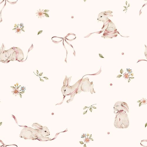 Papier peint enfant petits lapins roses sur fond à rayures 50x280cm