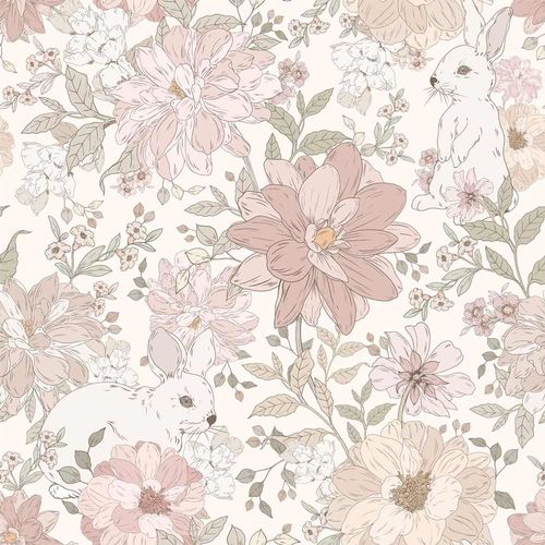 Papier peint enfant lapins et fleurs roses 100x280cm