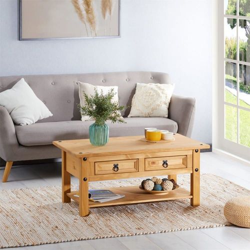 Table Basse 2 Tiroirs En Bois Massif, Coloris Naturel