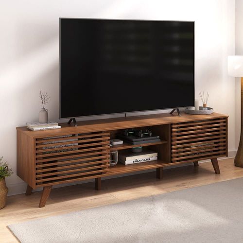 Meuble Tv À Portes Coulissantes, En Bois Massif, Coloris Châtaigne