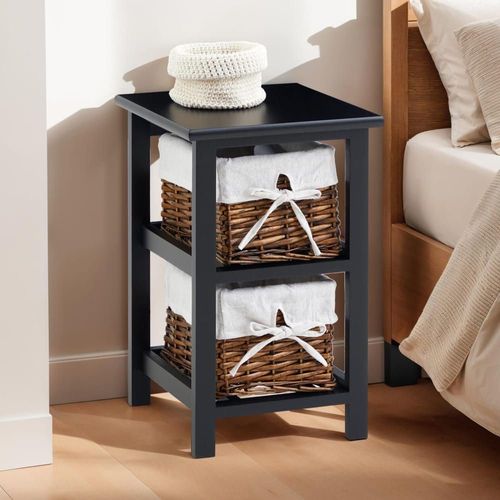Table De Chevet Avec 2 Paniers En Osier, Noir