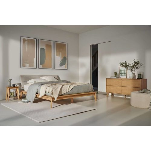 Lit Effet Bois Avec Tête De Lit Tissu Beige 160 X 200 Cm