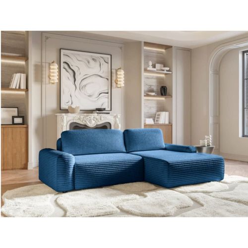 Canapé D'angle Gros Velours Côtelé Bleu 4 Places