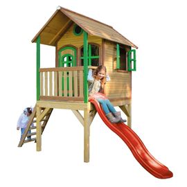 Maisonnette Enfant Avec Toboggan Rouge, Bois Fsc, Marron/Vert