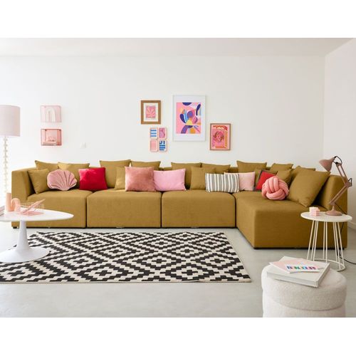 Canapé Modulable 5 Places Angle Réversible En Tissu Jaune