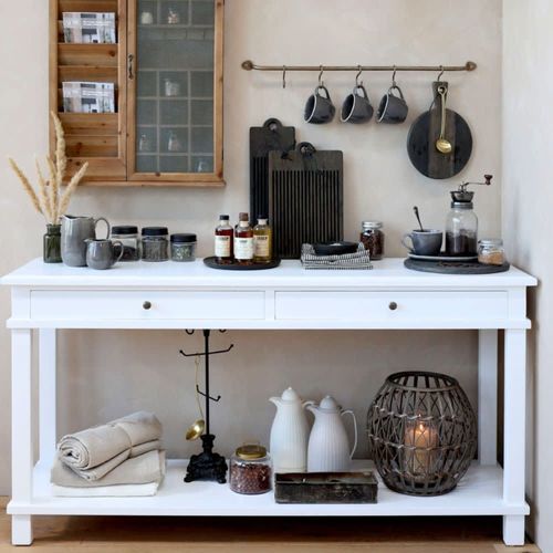 Table De Service Desserte En Bois De Peuplier Blanc 158 X 44 X 81 Cm