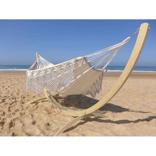 Hamac Xxl En Coton Blanc Et Gris Et Pied En Bois