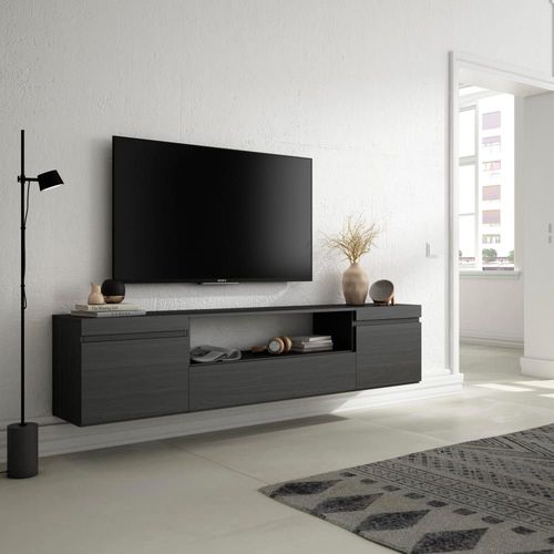 Meuble Tv Effet Bois Noir 200x35x45cm Suspendu